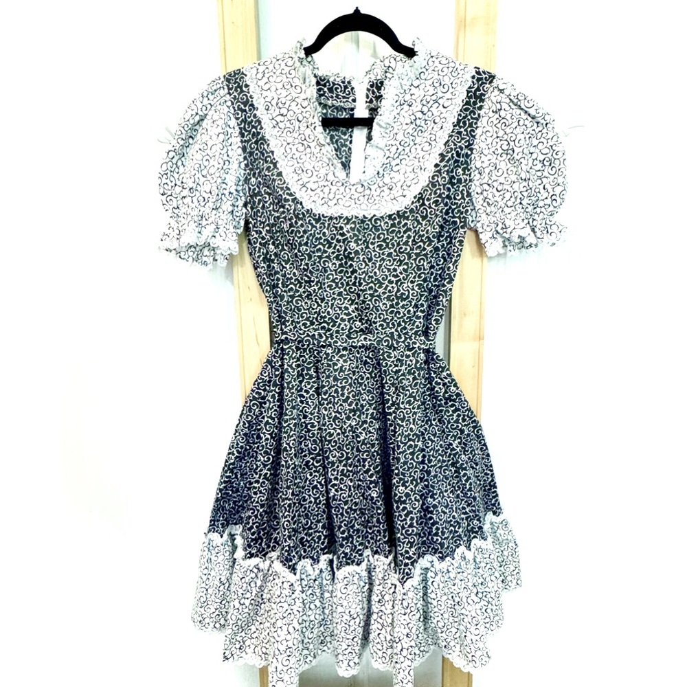 Vintage handmade square dancing dress, 70s black white vintage dress